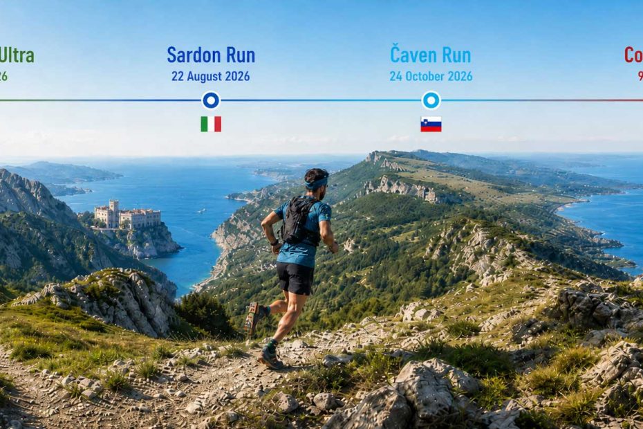 Runner on a rocky alpine ridge overlooking the coast, with a horizontal timeline showing four races and dates (Alpe Adria Ultra, Sardon Run, Čaven Run, Corsa della Bora).
