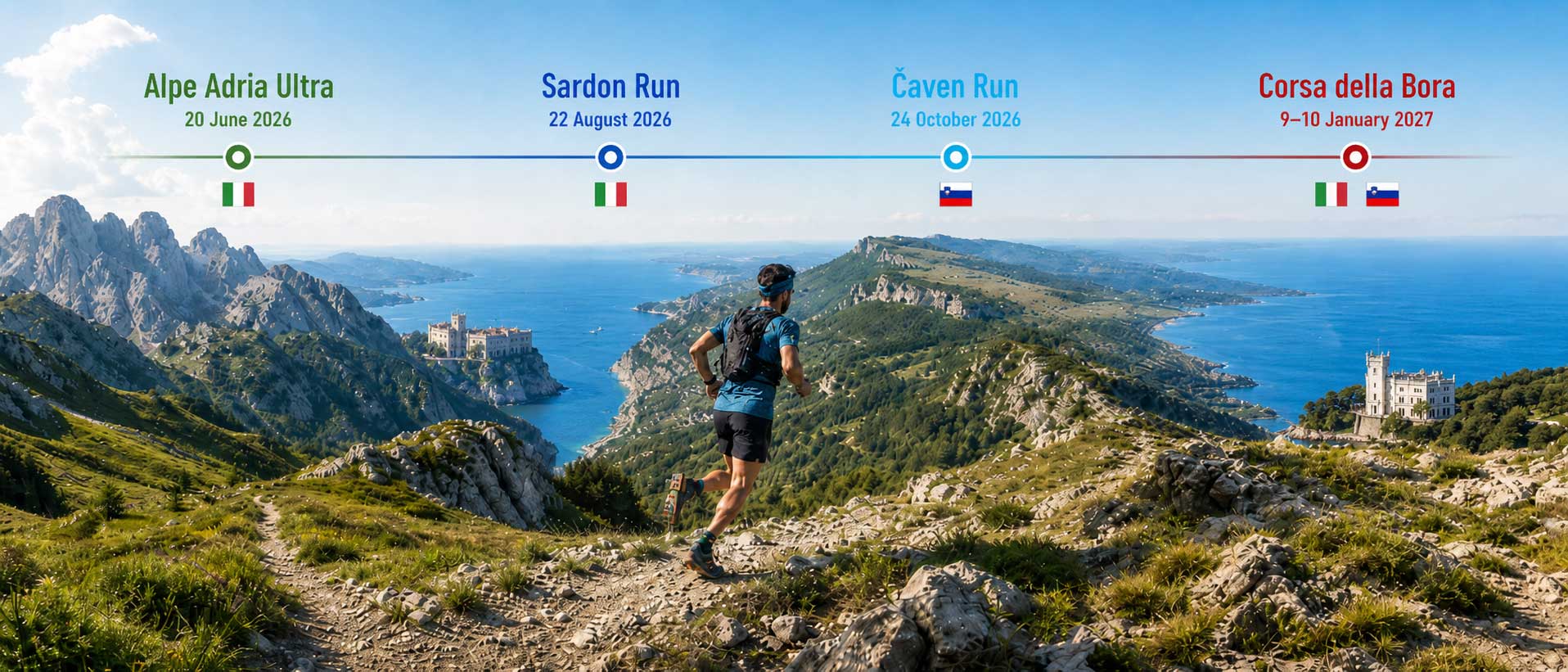 Runner on a rocky alpine ridge overlooking the coast, with a horizontal timeline showing four races and dates (Alpe Adria Ultra, Sardon Run, Čaven Run, Corsa della Bora).
