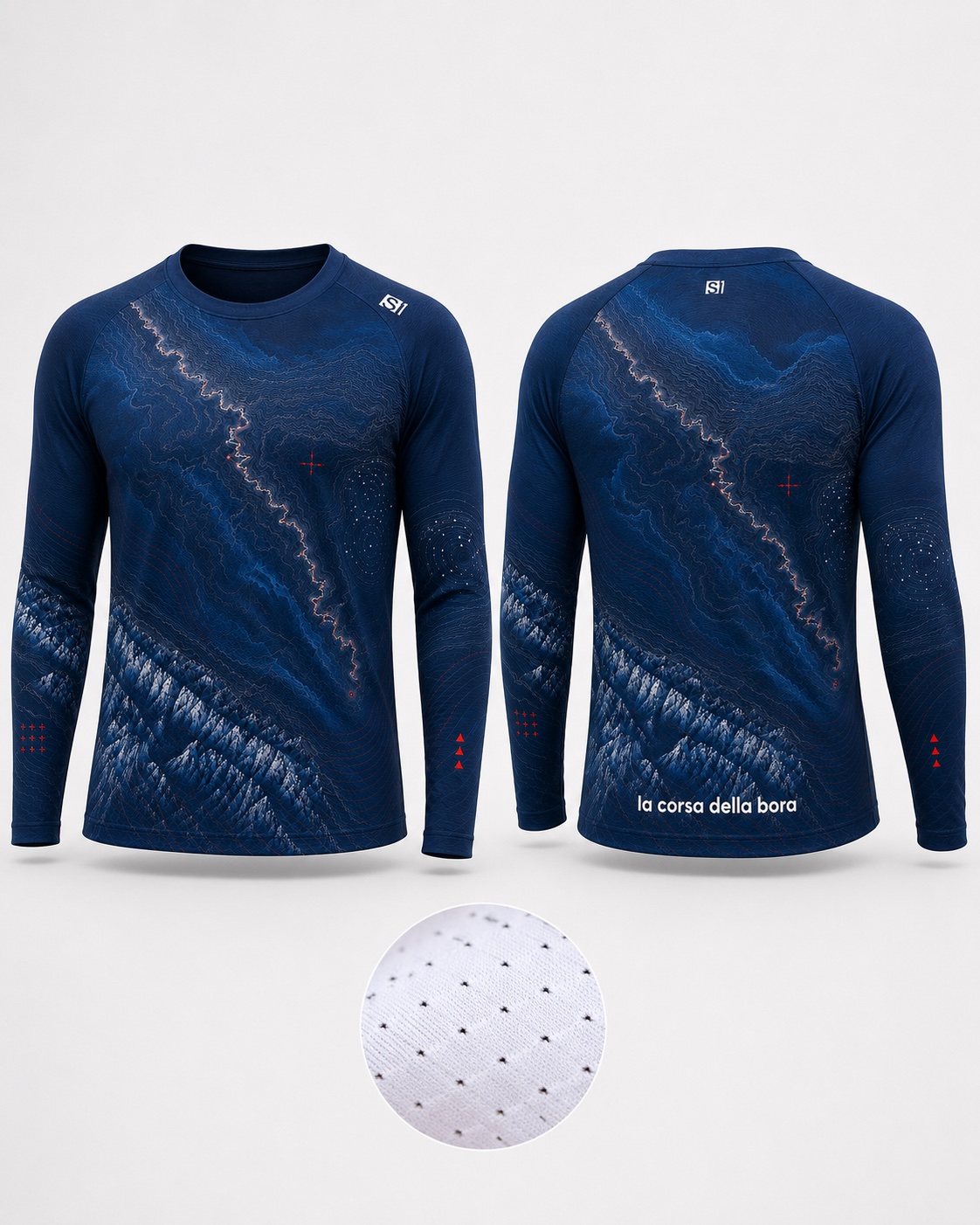 Maglia Corsa della Bora 2027 fronte e retro con dettaglio tessuto