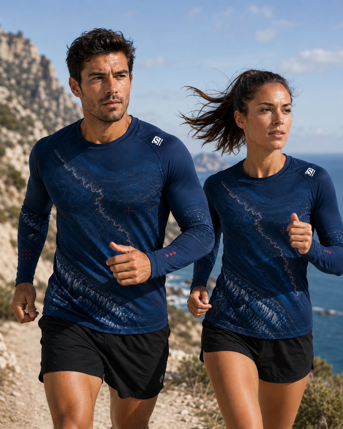 Runner uomo e donna con la maglia Corsa della Bora 2027 in natura